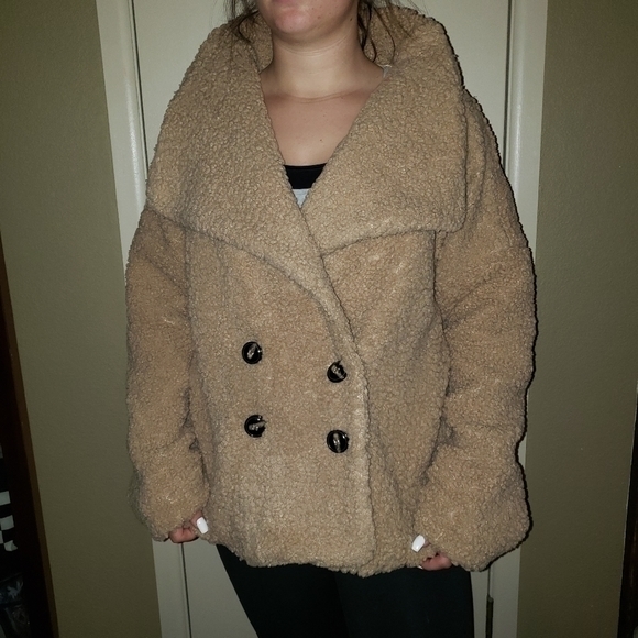 NWT She + Sky oversized faux sheep pea coat double breasted camel jacket sweater - Picture 2 of 11